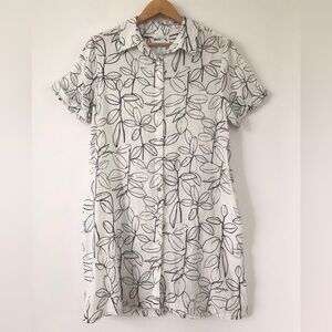 Cynthia Rowley 100% Linen Women's White Black Floral Button-Down Shirt Dress M